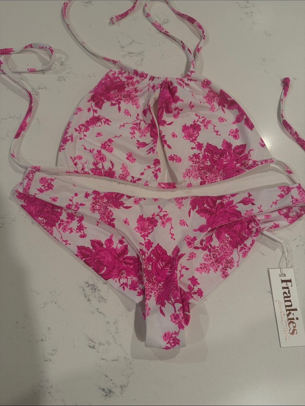Frankie's Bikinis White & Hot Pink Floral Halter Bikini Set